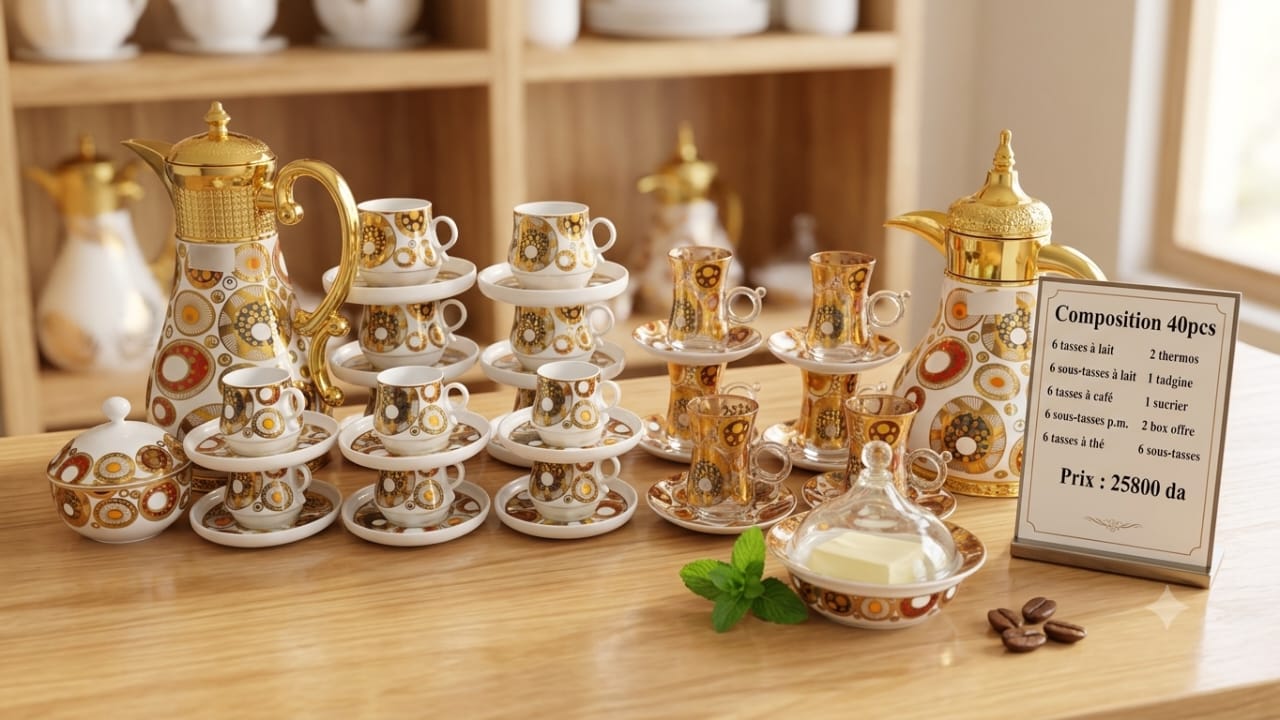 Photo00005324 SERVICE 40PCS CAFFE ET THE 2 THERMOS TADJIN SUCRIER PORCELAIN